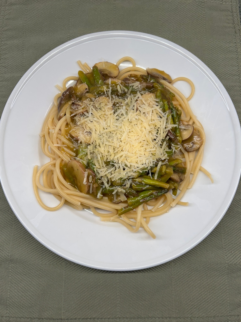 Asparagus and Mushrooms with lemon olive oil on pasta